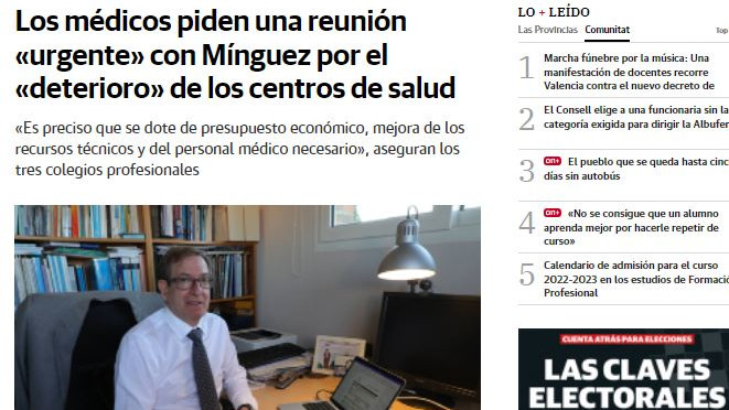 Las Provincias: Los presidentes de los colegios de médicos de la Comunitat Valenciana  resaltan la situación de «grave deterioro» de la A. Primaria