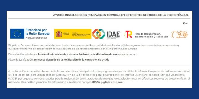 AJUDES INSTAL·LACIONS RENOVABLES TÈRMIQUES EN DIFERENTS SECTORS DE L'ECONOMIA 2022