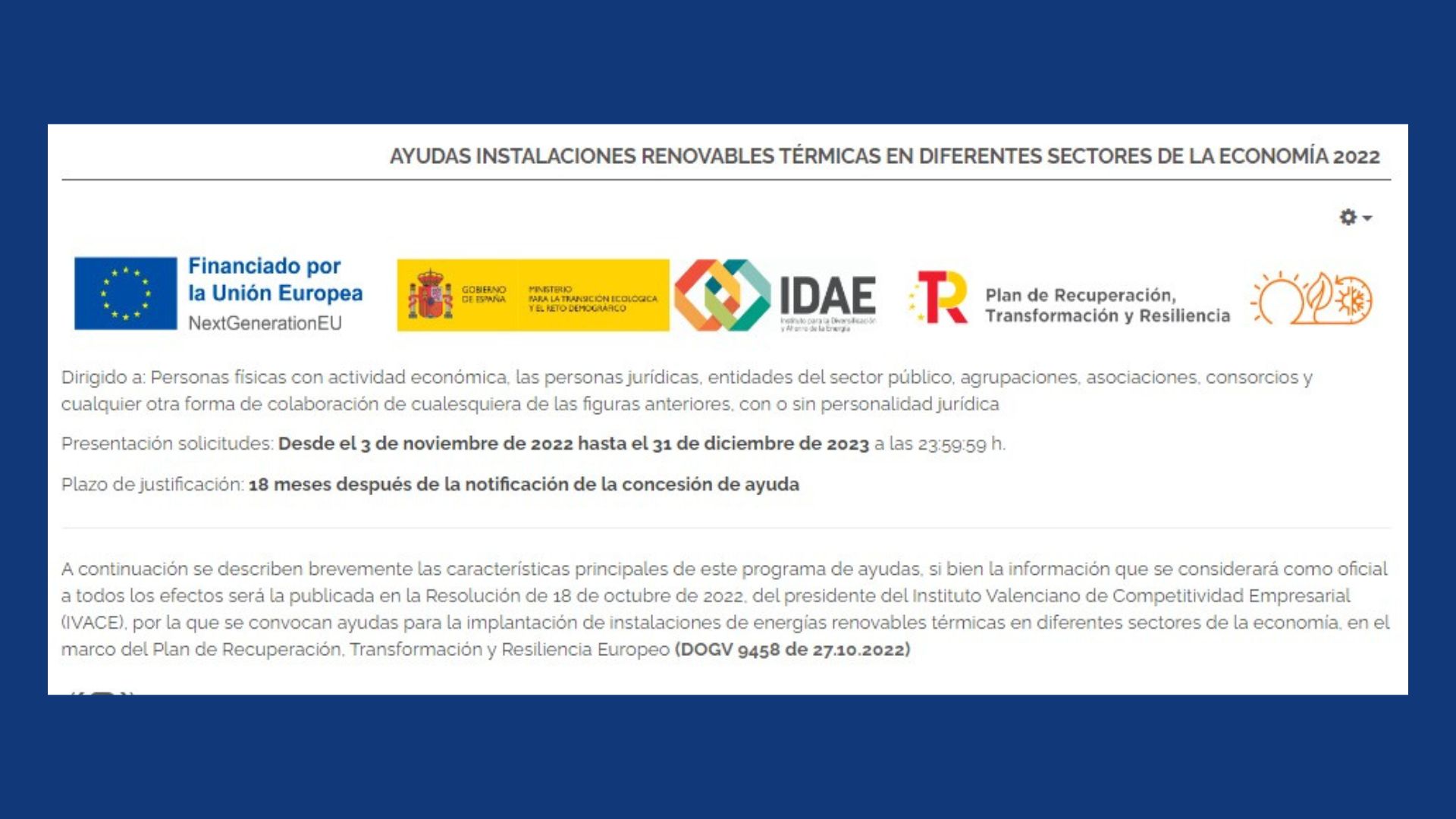 IVACE: Ayudas instalación de energía renovables térmicas