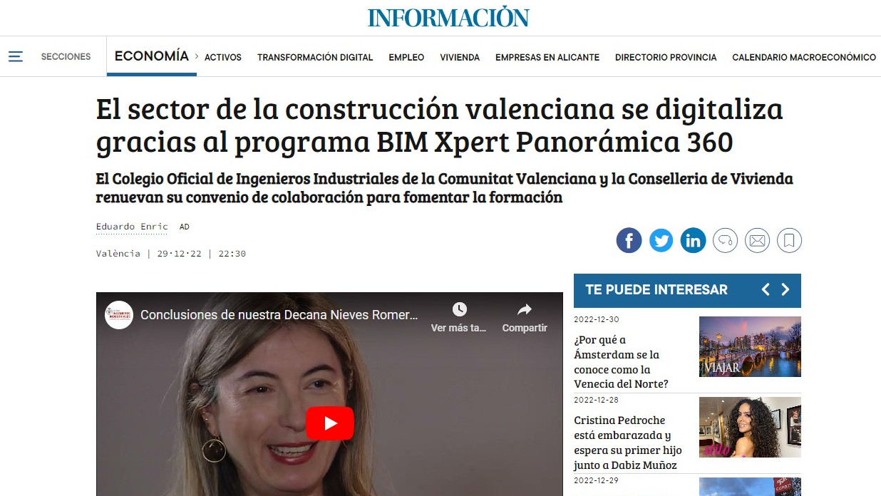 Información | El Col·legi Oficial d’Enginyers Industrials de la Comunitat Valenciana i la Conselleria d’Habitatge renoven el seu conveni de col·laboració per a fomentar la formació BIM